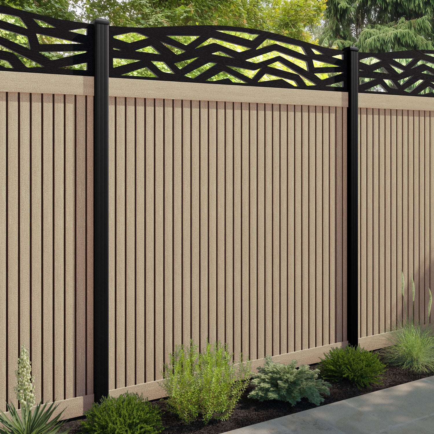 Virtis Zenith Curved Top Fence Panel - Light Oak - with our aluminium posts