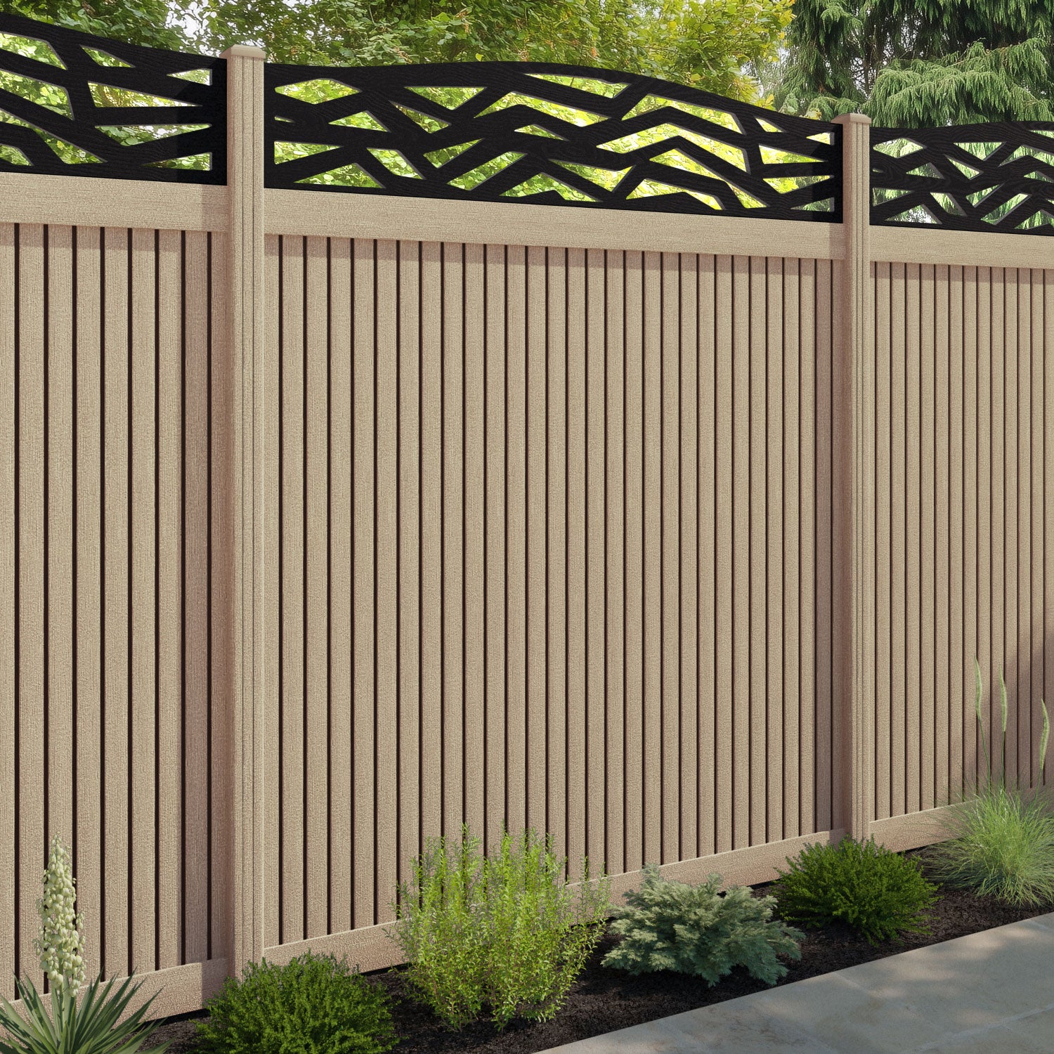 Virtis Zenith Curved Top Fence Panel - Light Oak - with our composite posts