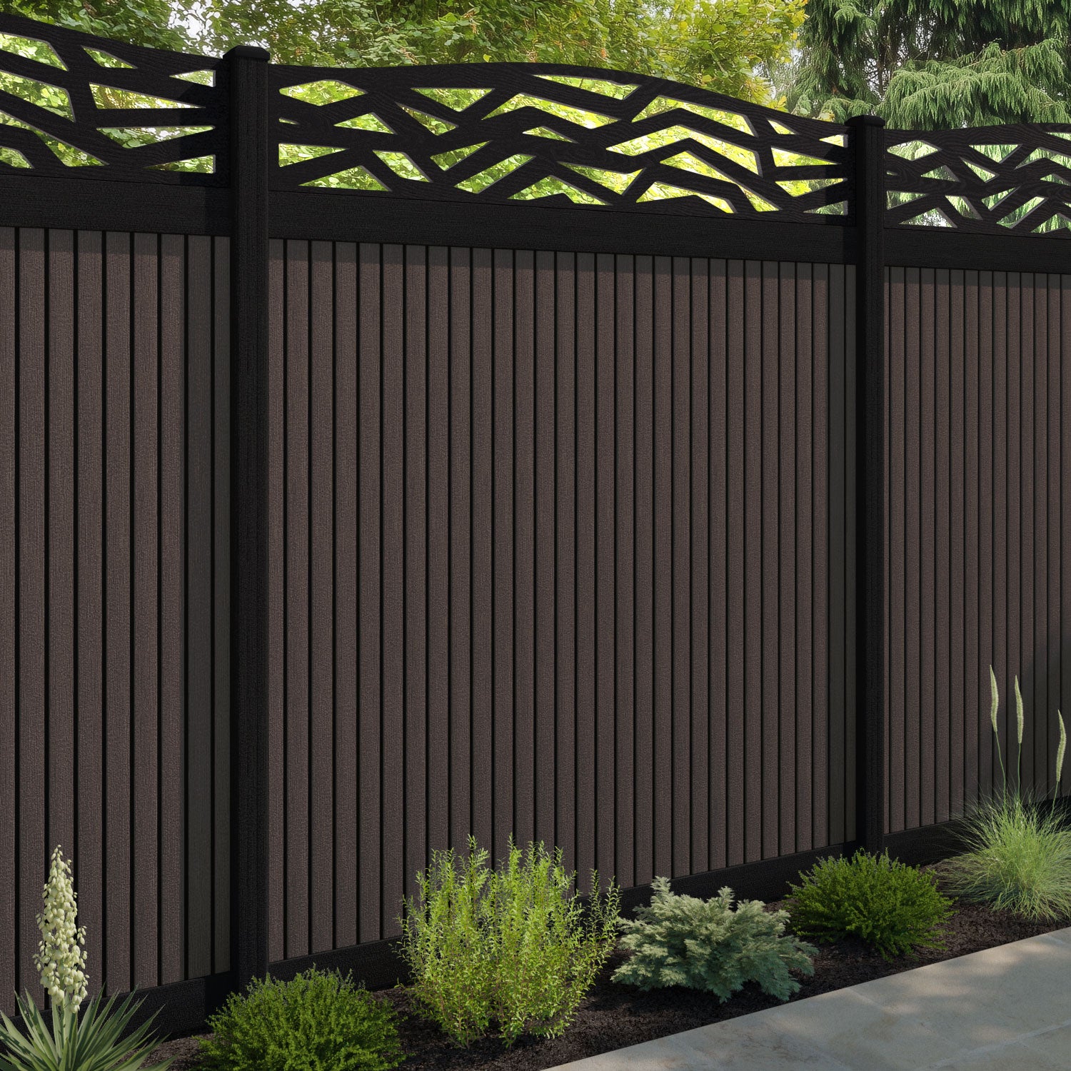 Virtis Zenith Curved Top Fence Panel - Mid Brown - with our composite posts