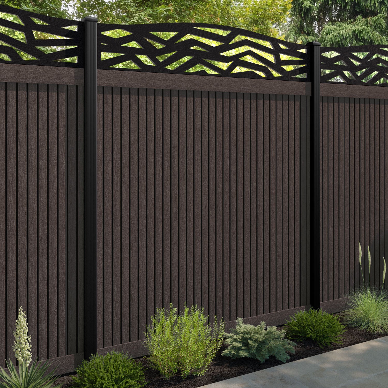 Virtis Zenith Curved Top Fence Panel - Mid Brown - with our aluminium posts