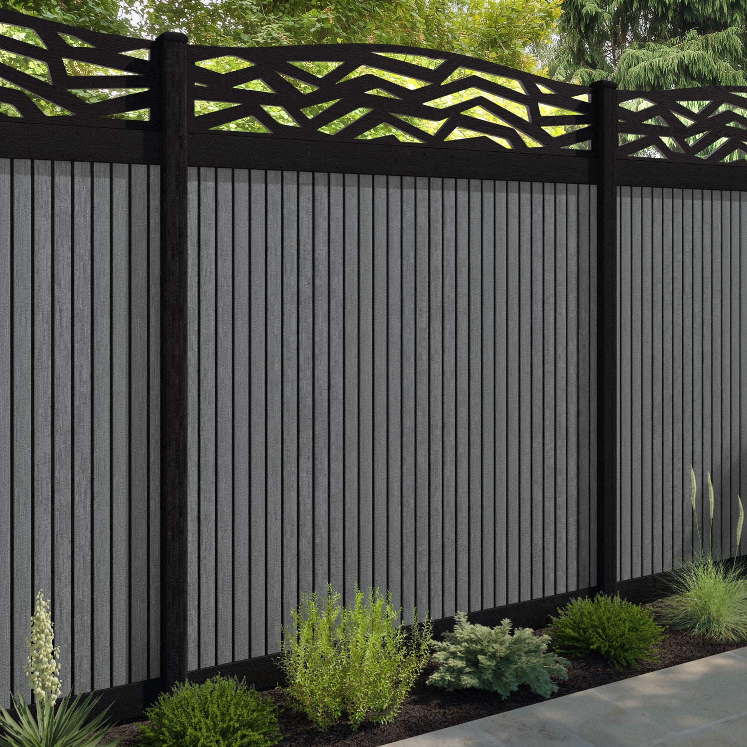 Virtis Zenith Curved Top Fence Panel - Mid Grey - with our composite posts