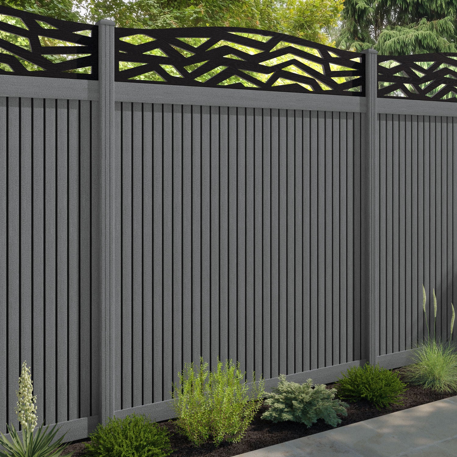 Virtis Zenith Curved Top Fence Panel - Mid Grey - with our composite posts