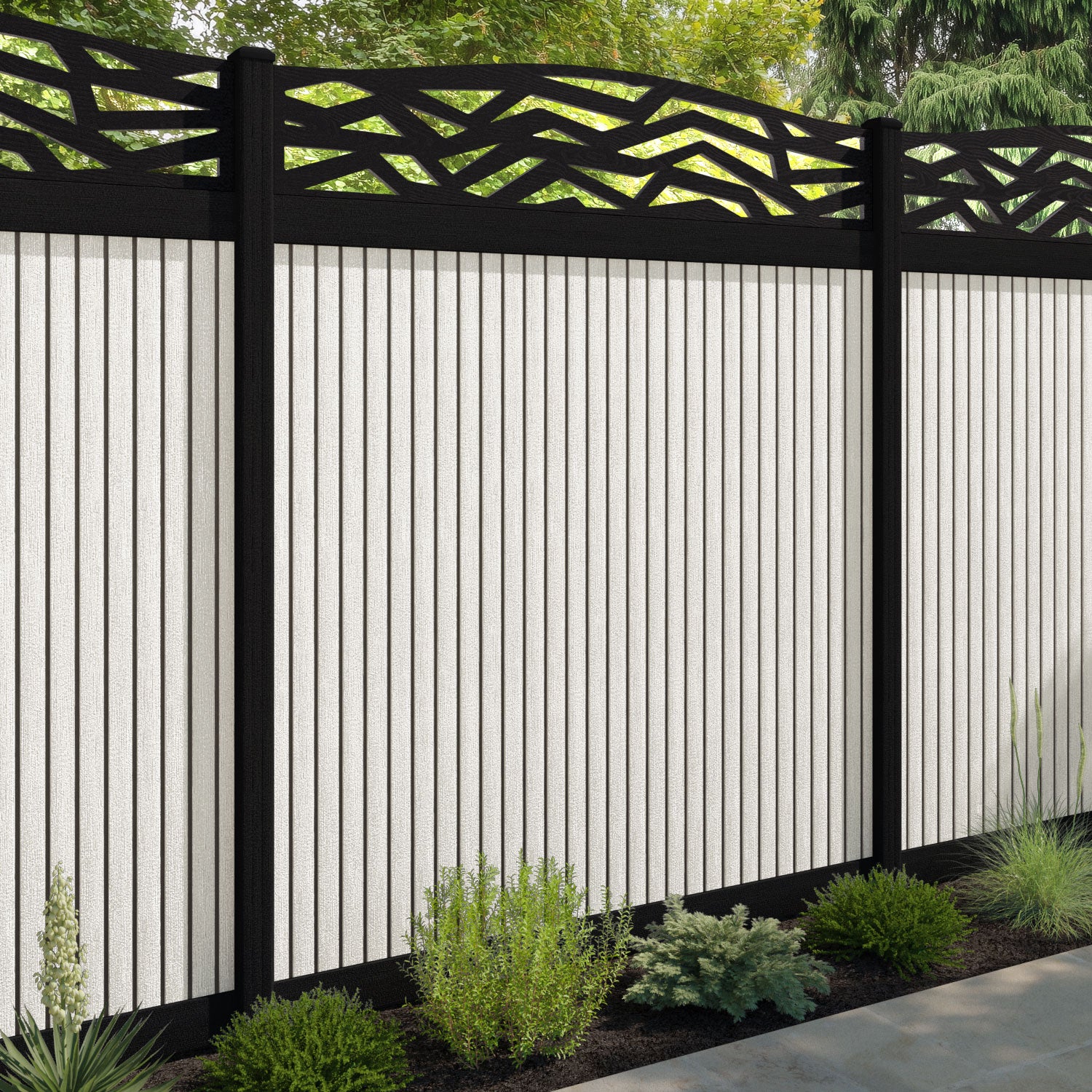 Virtis Zenith Curved Top Fence Panel - Light Stone - with our composite posts