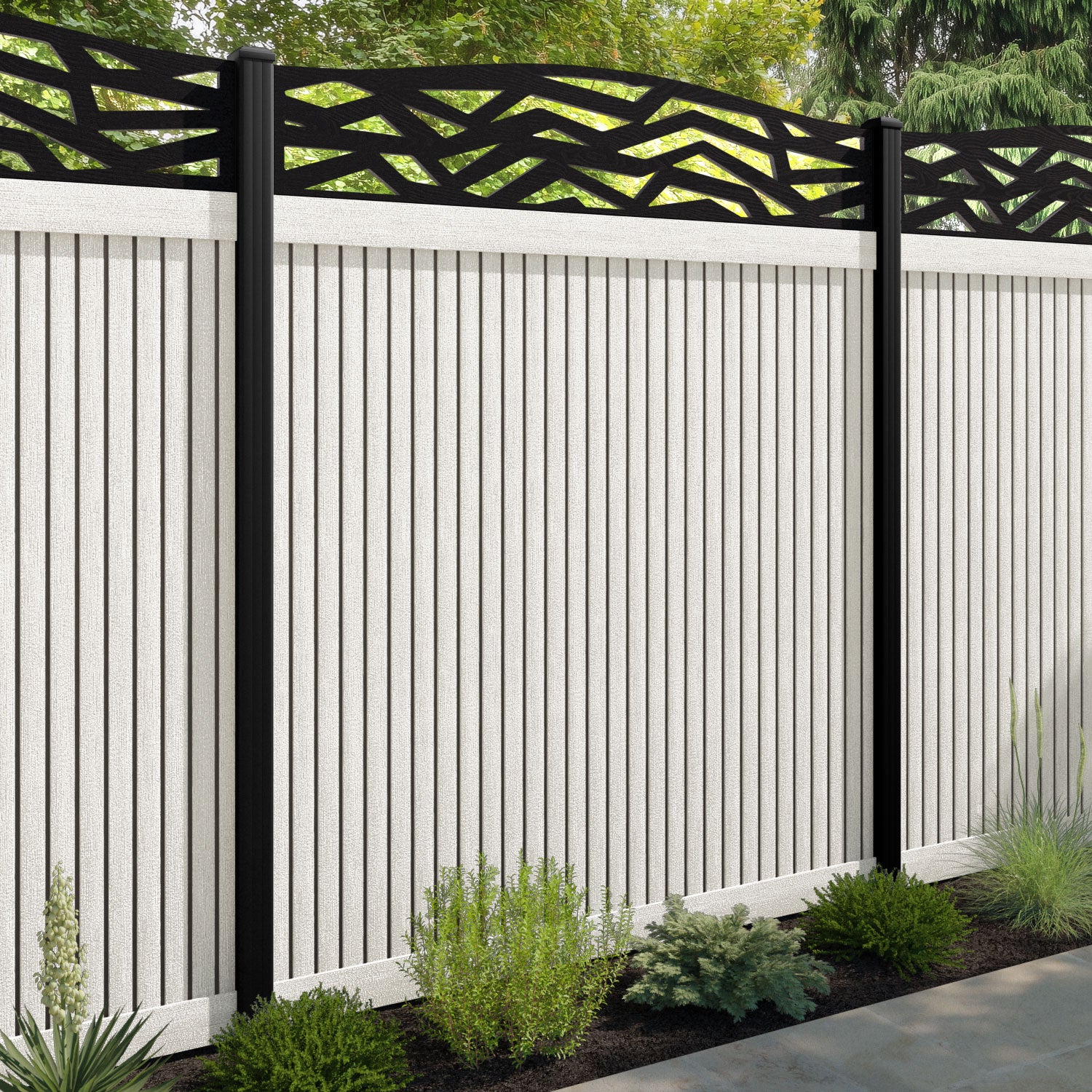 Virtis Zenith Curved Top Fence Panel - Light Stone - with our composite posts