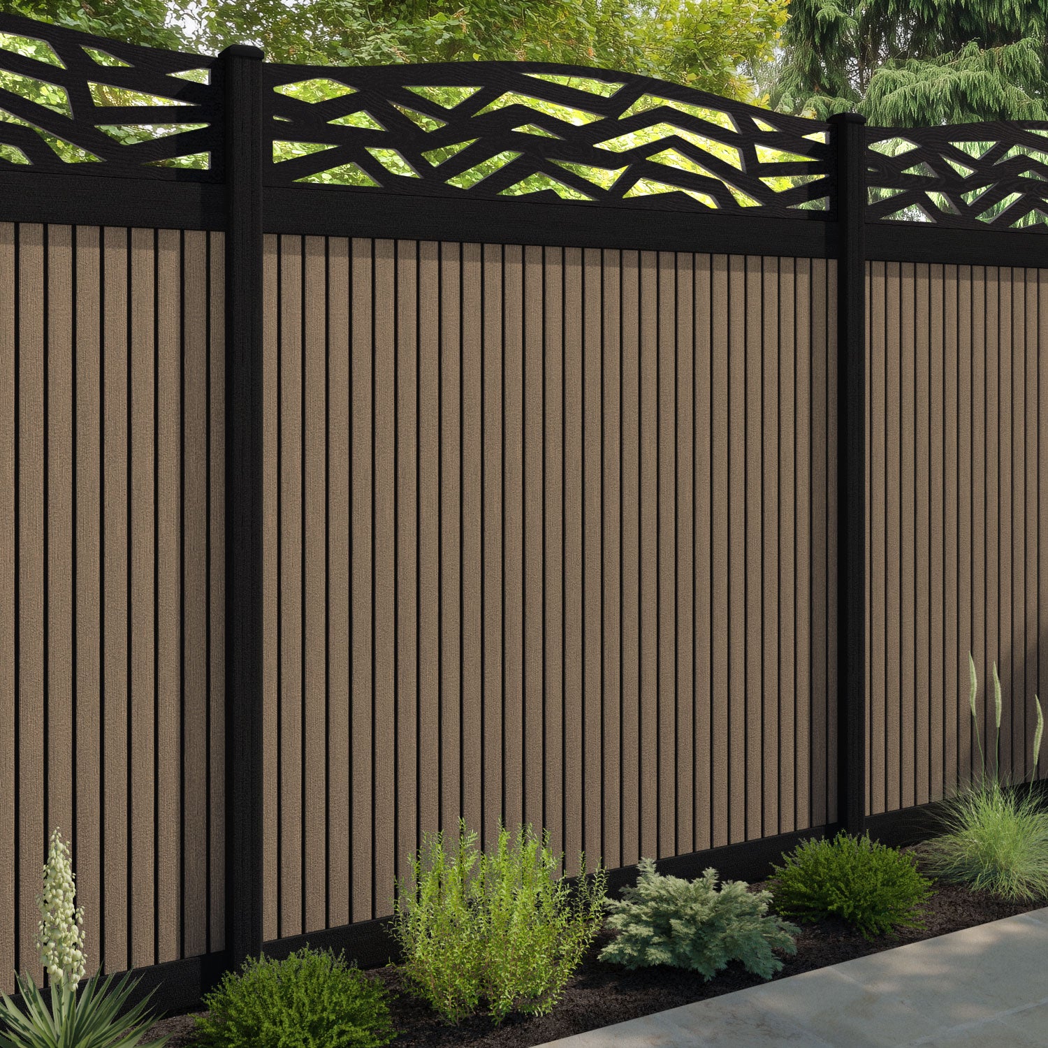 Virtis Zenith Curved Top Fence Panel - Teak - with our aluminium posts