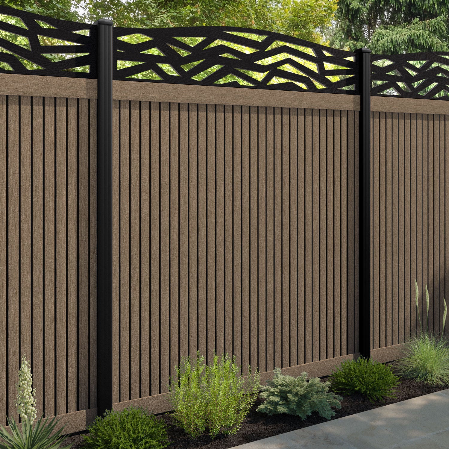 Virtis Zenith Curved Top Fence Panel - Teak - with our composite posts