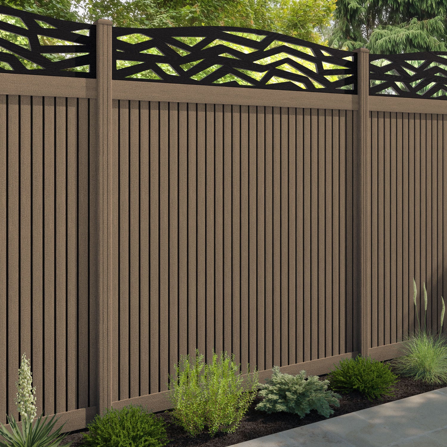 Virtis Zenith Curved Top Fence Panel - Teak - with our composite posts