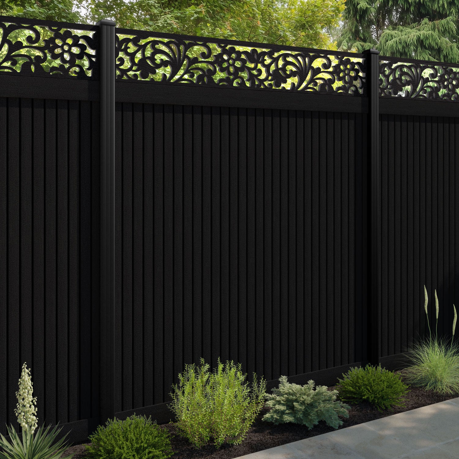Virtis Eden Fence Panel - Black - with our aluminium posts