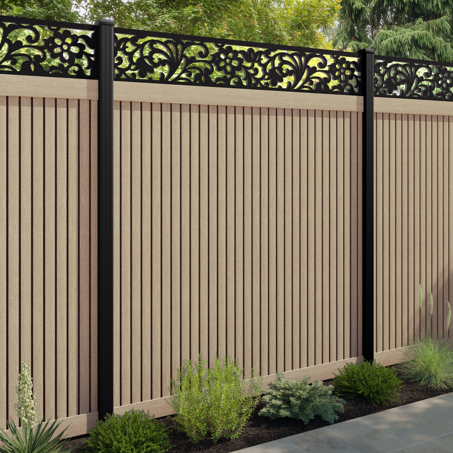 Virtis Eden Fence Panel - Light Oak - with our aluminium posts