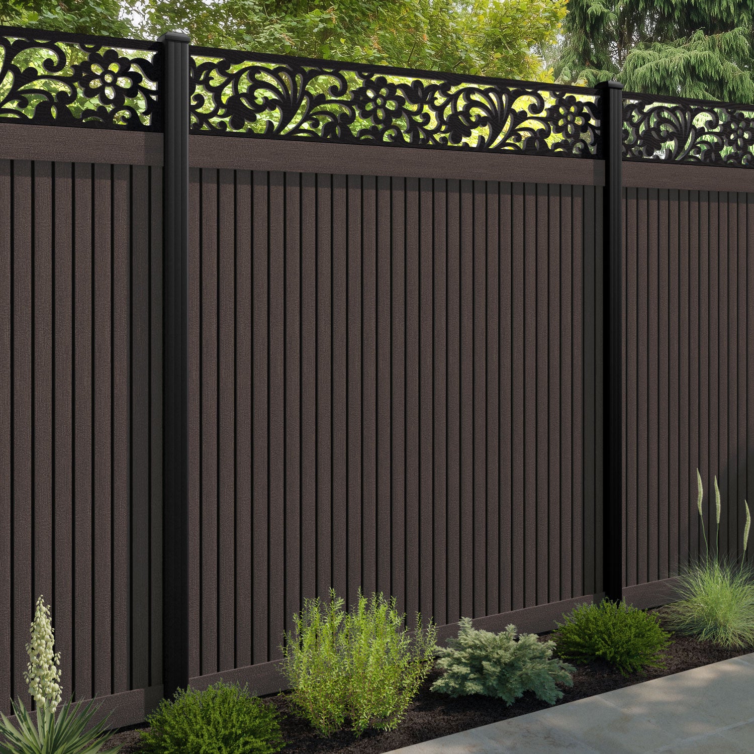 Virtis Eden Fence Panel - Mid Brown - with our aluminium posts