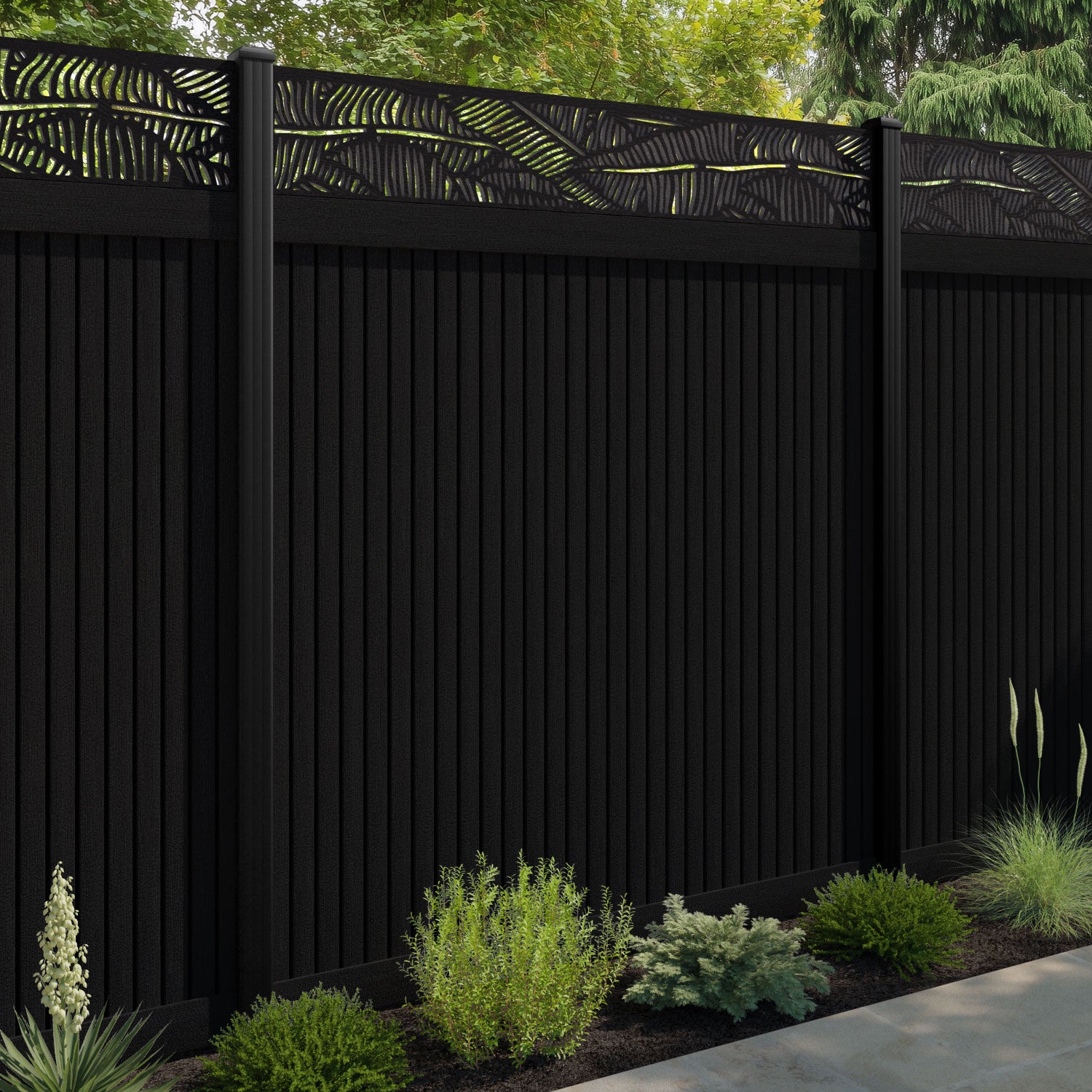 Virtis Feather Fence Panel - Black - with our aluminium posts