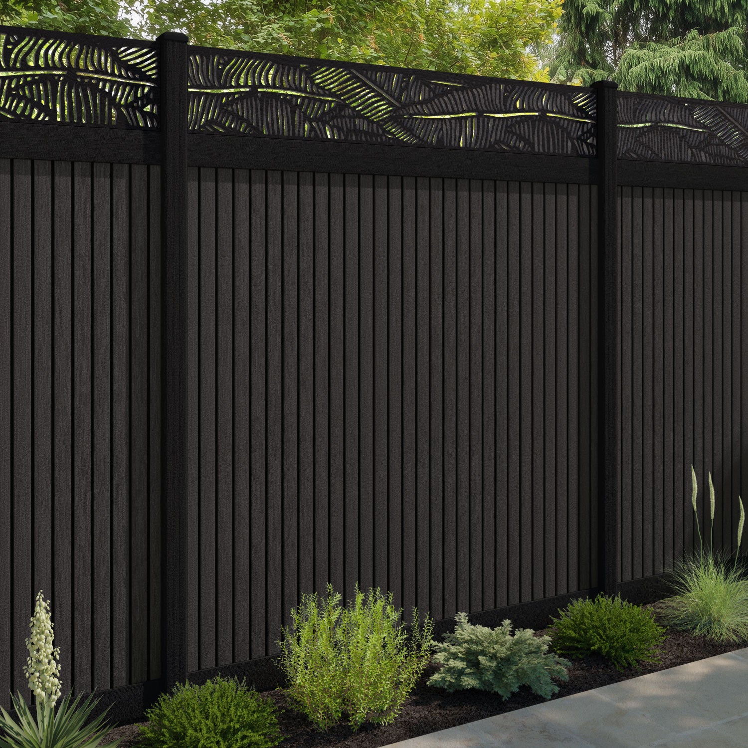 Virtis Feather Fence Panel - Dark Oak - with our aluminium posts