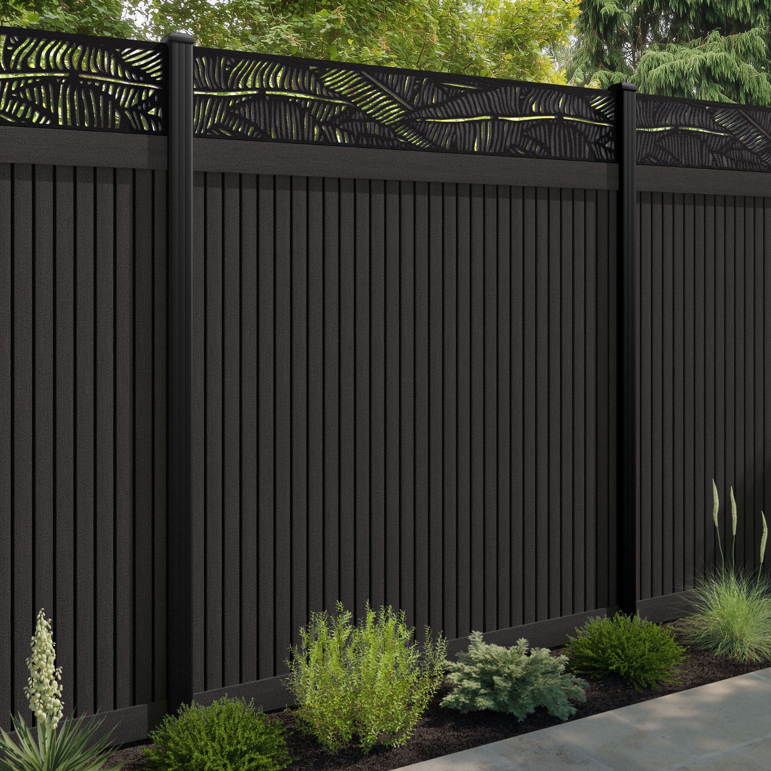 Virtis Feather Fence Panel - Dark Oak - with our aluminium posts