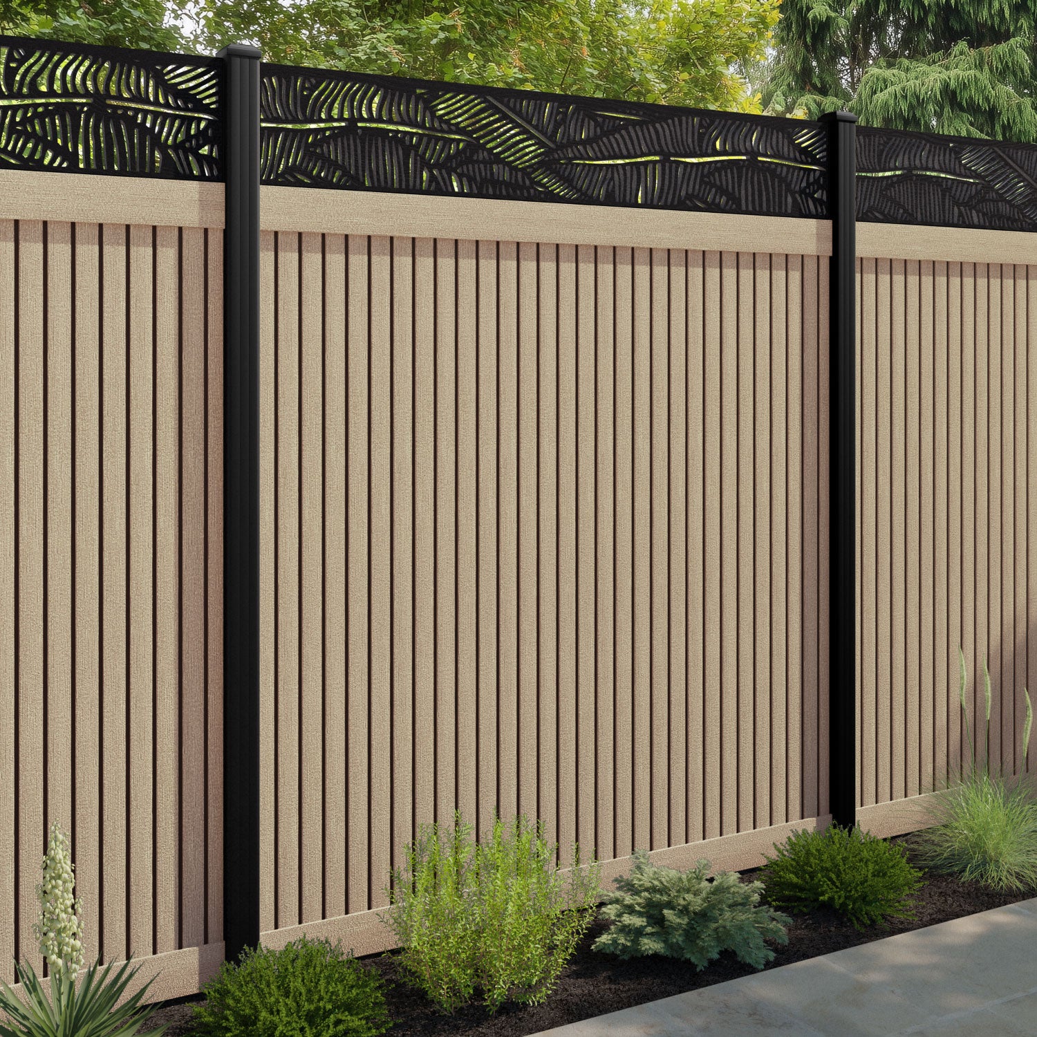 Virtis Feather Fence Panel - Light Oak - with our composite posts