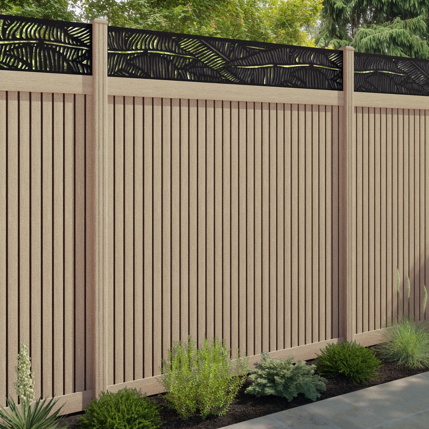 Virtis Feather Fence Panel - Light Oak - with our composite posts