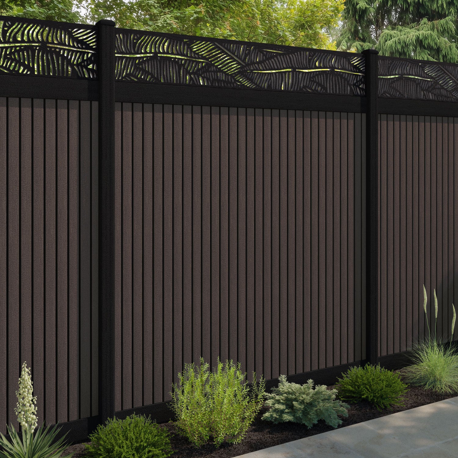 Virtis Feather Fence Panel - Mid Brown - with our aluminium posts