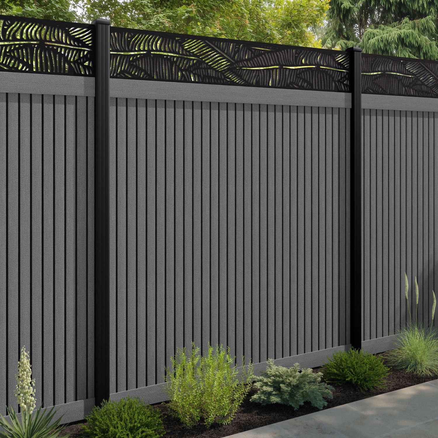 Virtis Feather Fence Panel - Mid Grey - with our aluminium posts