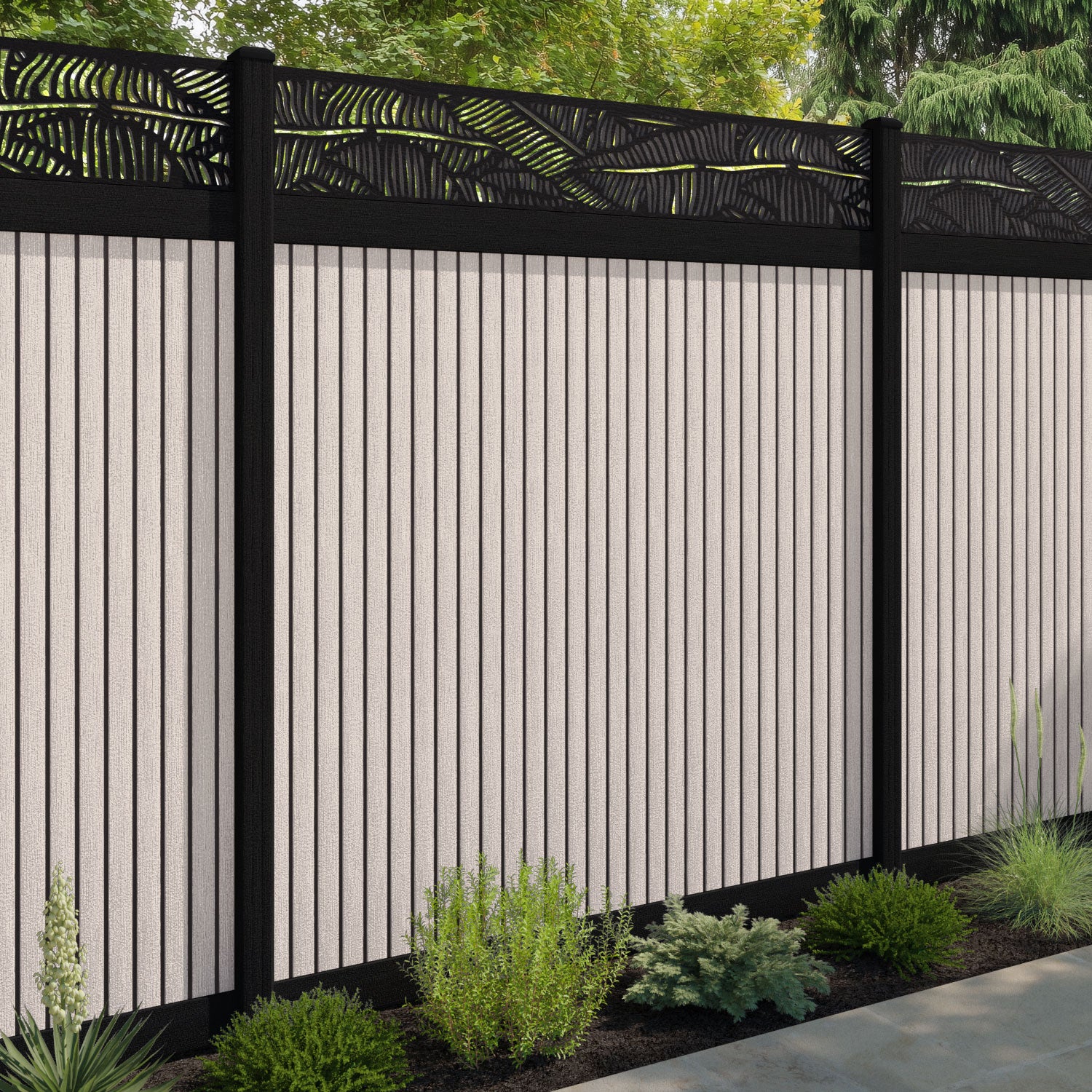 Virtis Feather Fence Panel - Mid Stone - with our aluminium posts