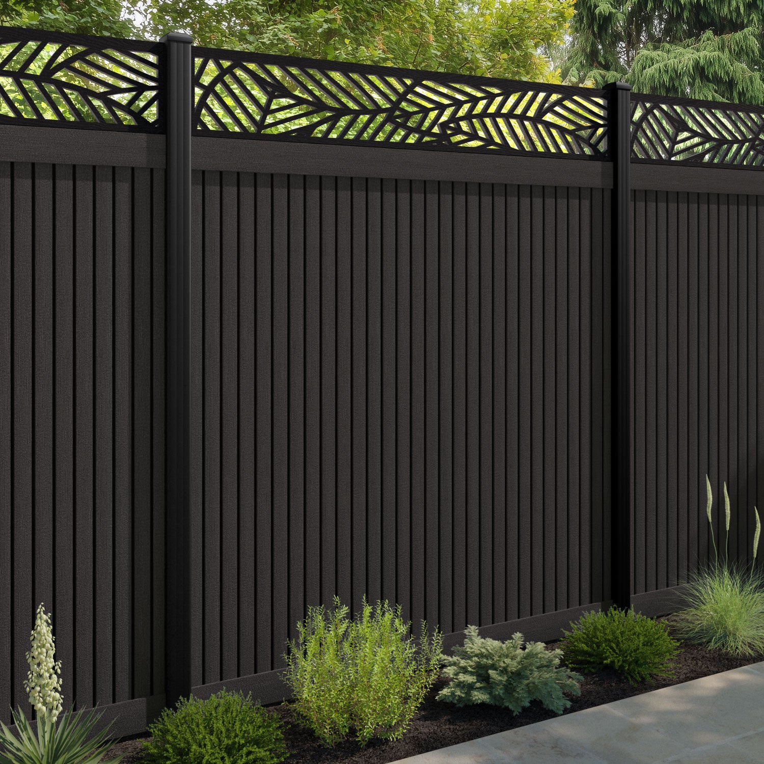 Virtis Habitat Fence Panel - Dark Oak - with our aluminium posts