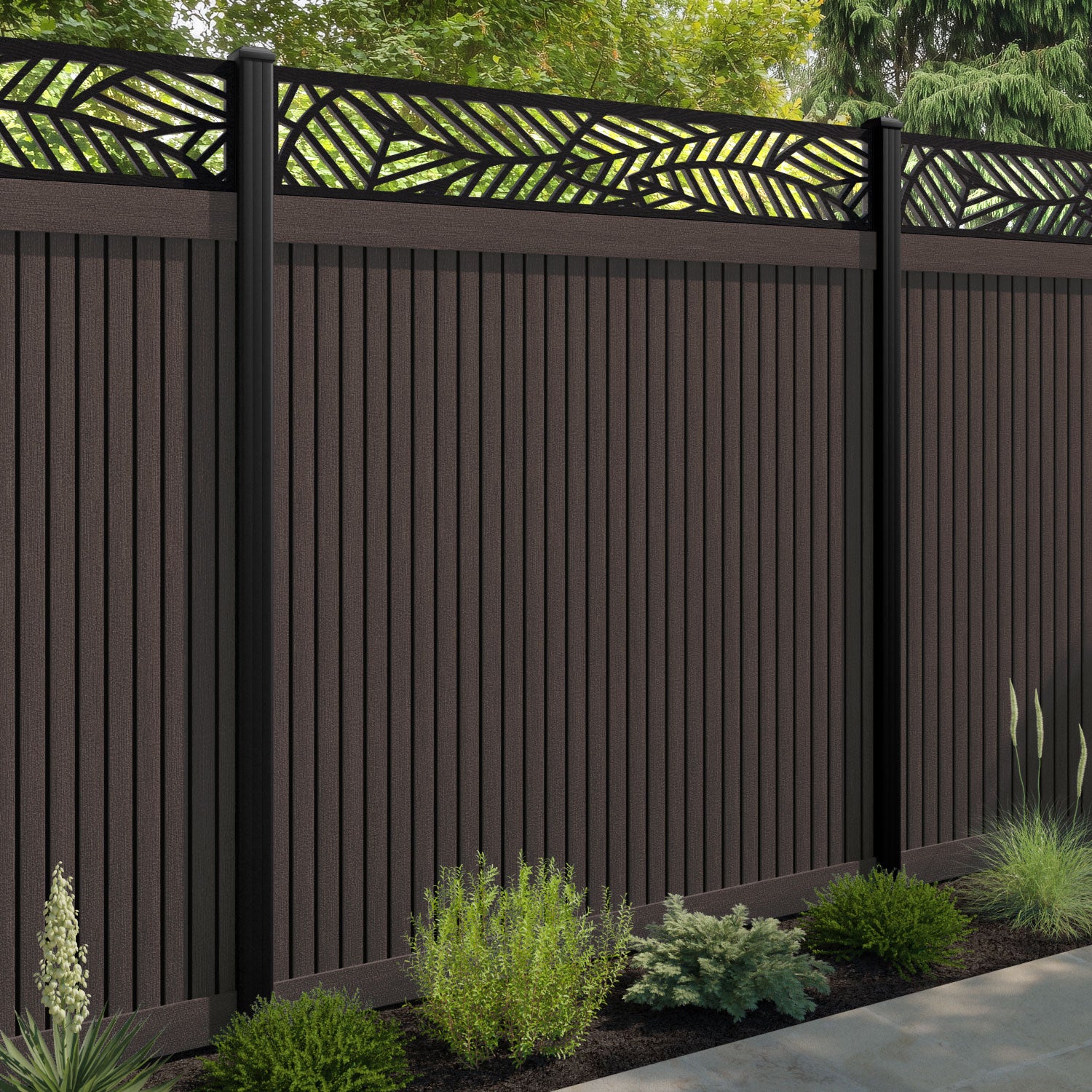 Virtis Habitat Fence Panel - Mid Brown - with our aluminium posts