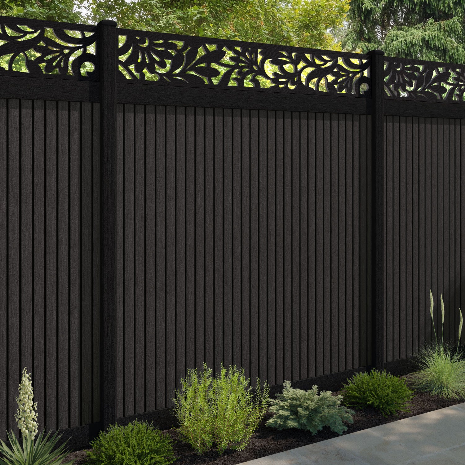 Virtis Heritage Fence Panel - Dark Oak - with our aluminium posts