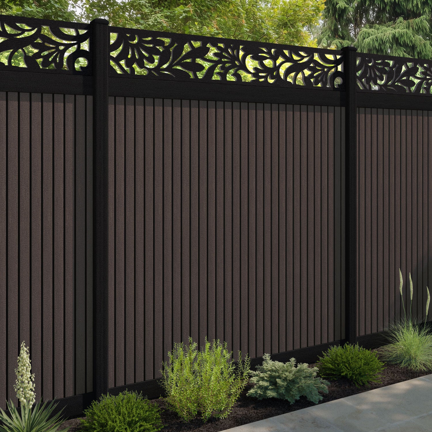 Virtis Heritage Fence Panel - Mid Brown - with our aluminium posts