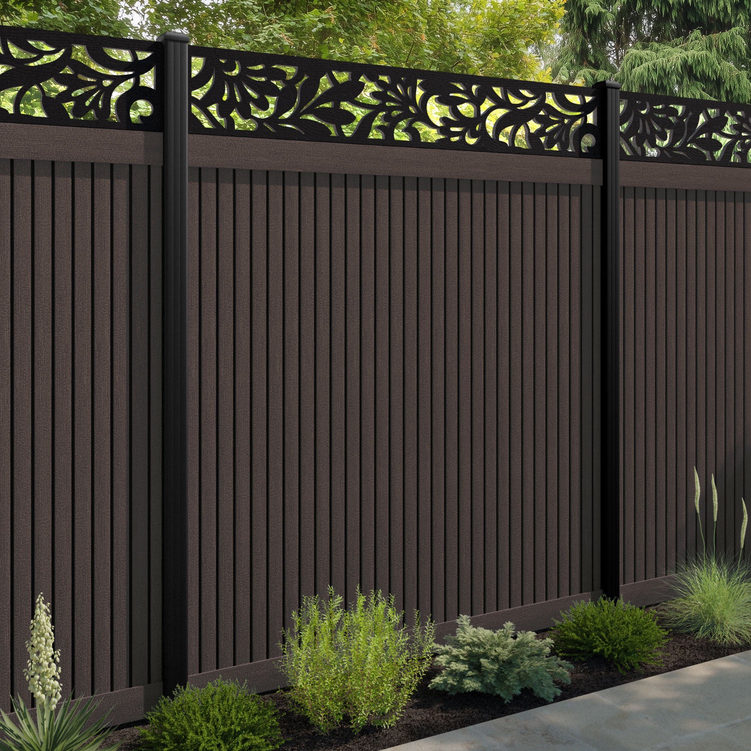 Virtis Heritage Fence Panel - Mid Brown - with our aluminium posts