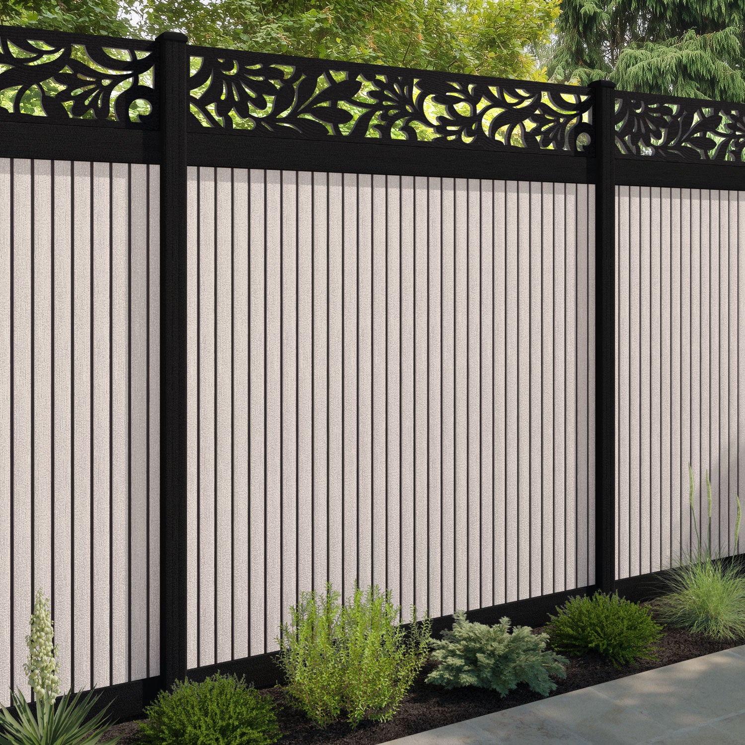 Virtis Heritage Fence Panel - Mid Stone - with our aluminium posts