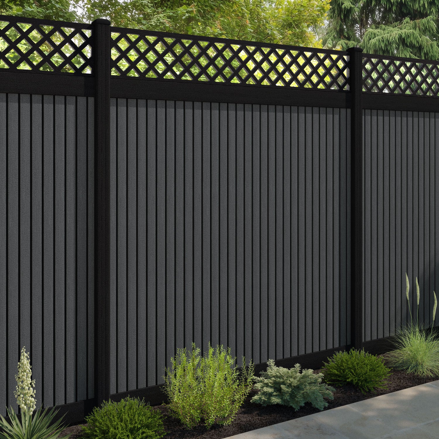 Virtis Hive Fence Panel - Dark Grey - with our aluminium posts