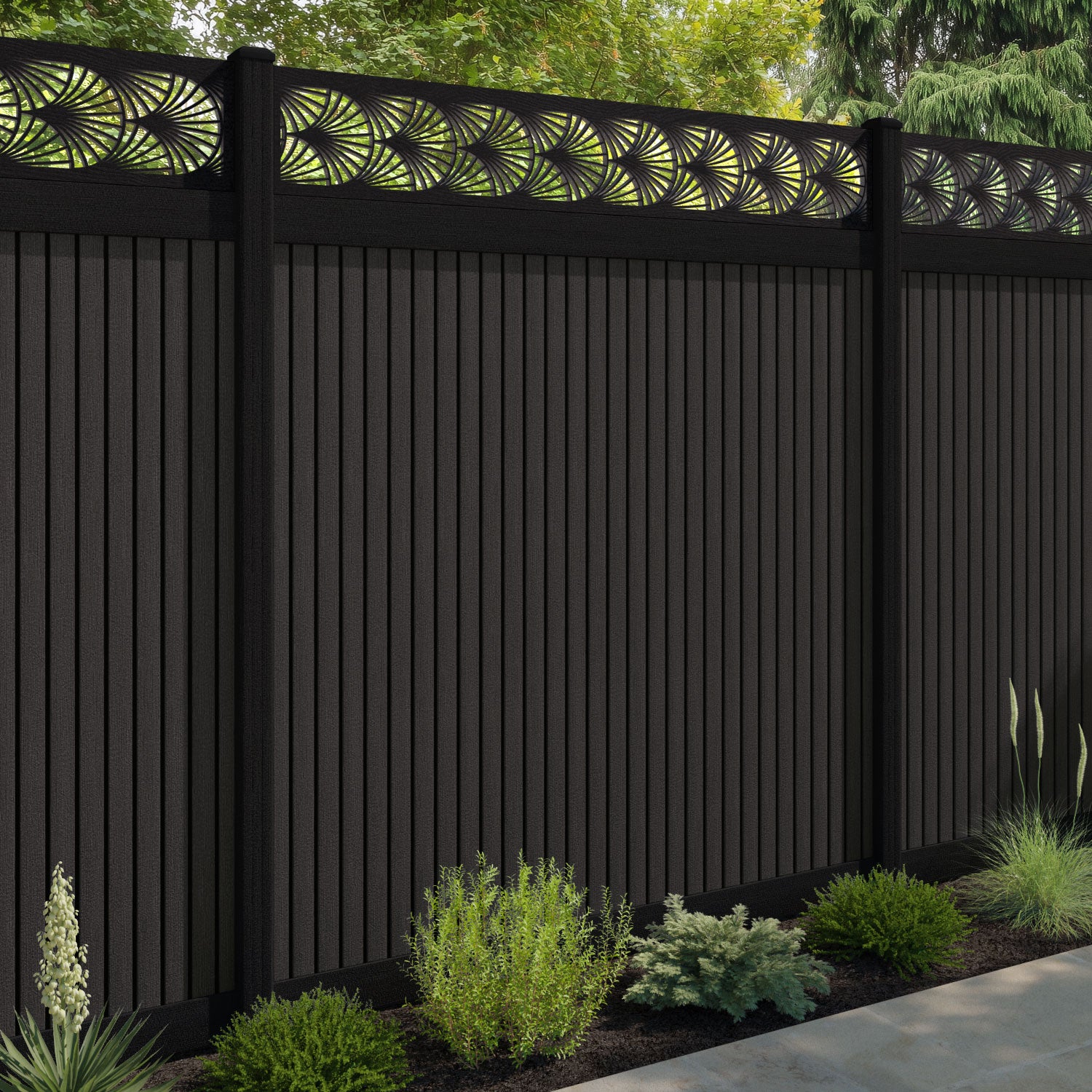 Virtis Laurel Fence Panel - Dark Oak - with our aluminium posts