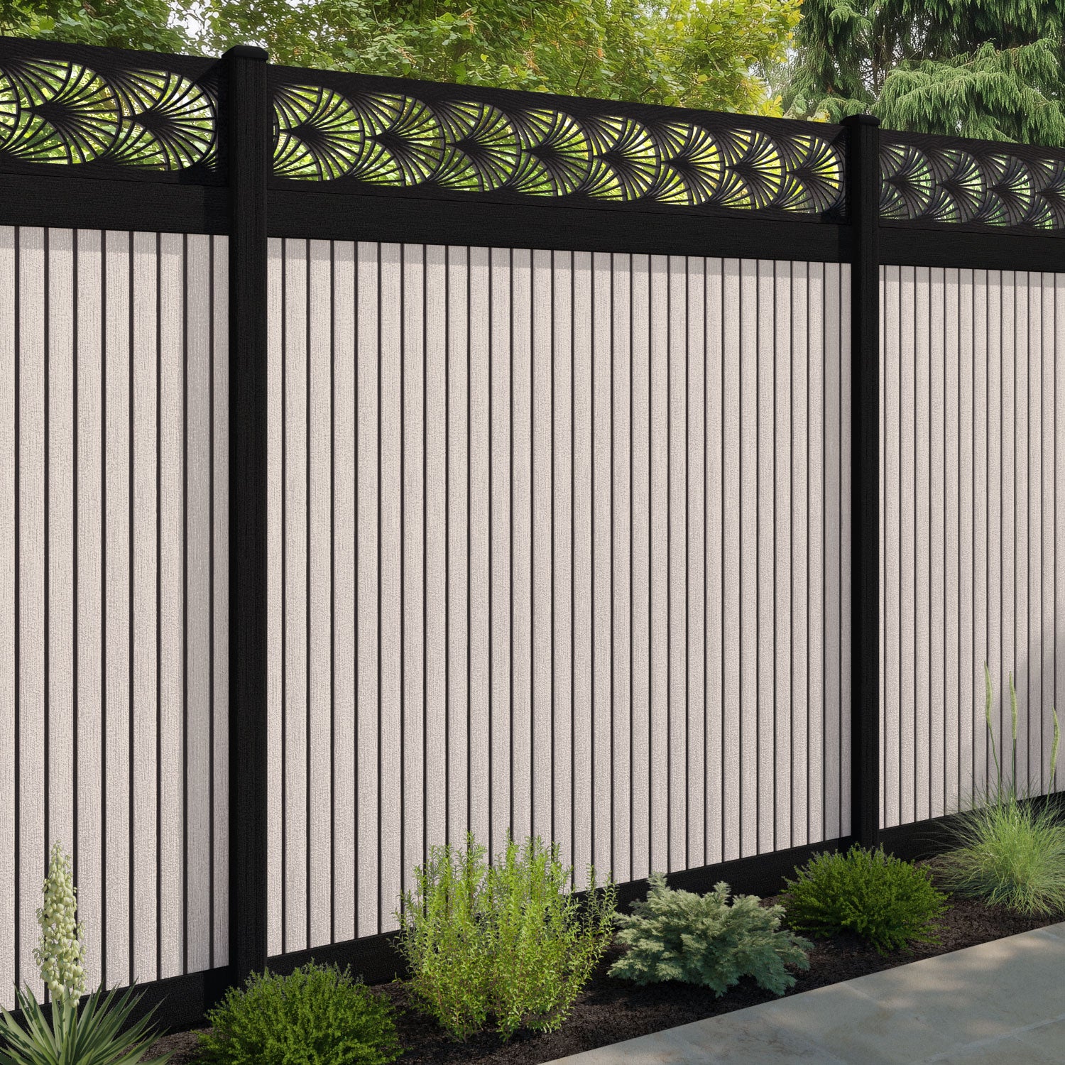 Virtis Laurel Fence Panel - Mid Stone - with our aluminium posts