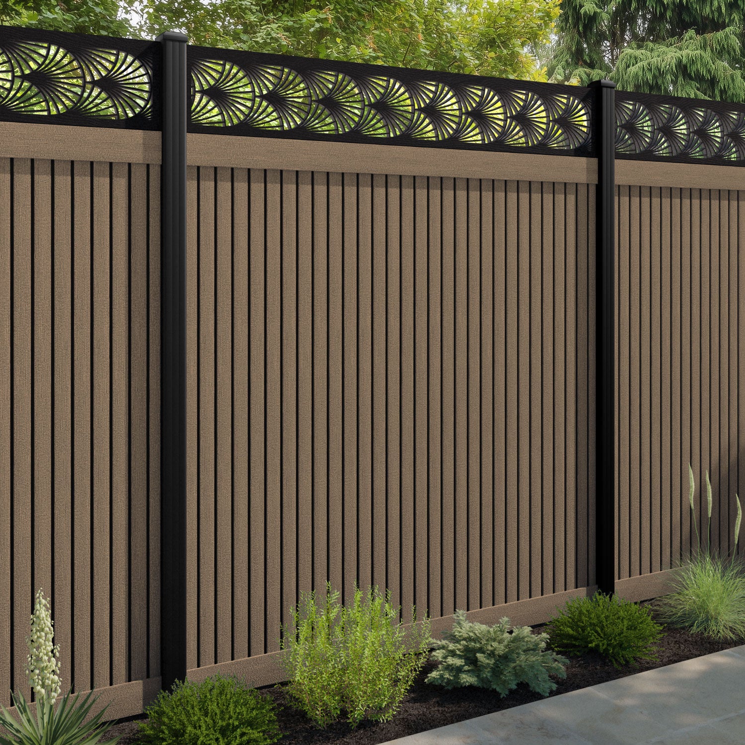 Virtis Laurel Fence Panel - Teak - with our composite posts