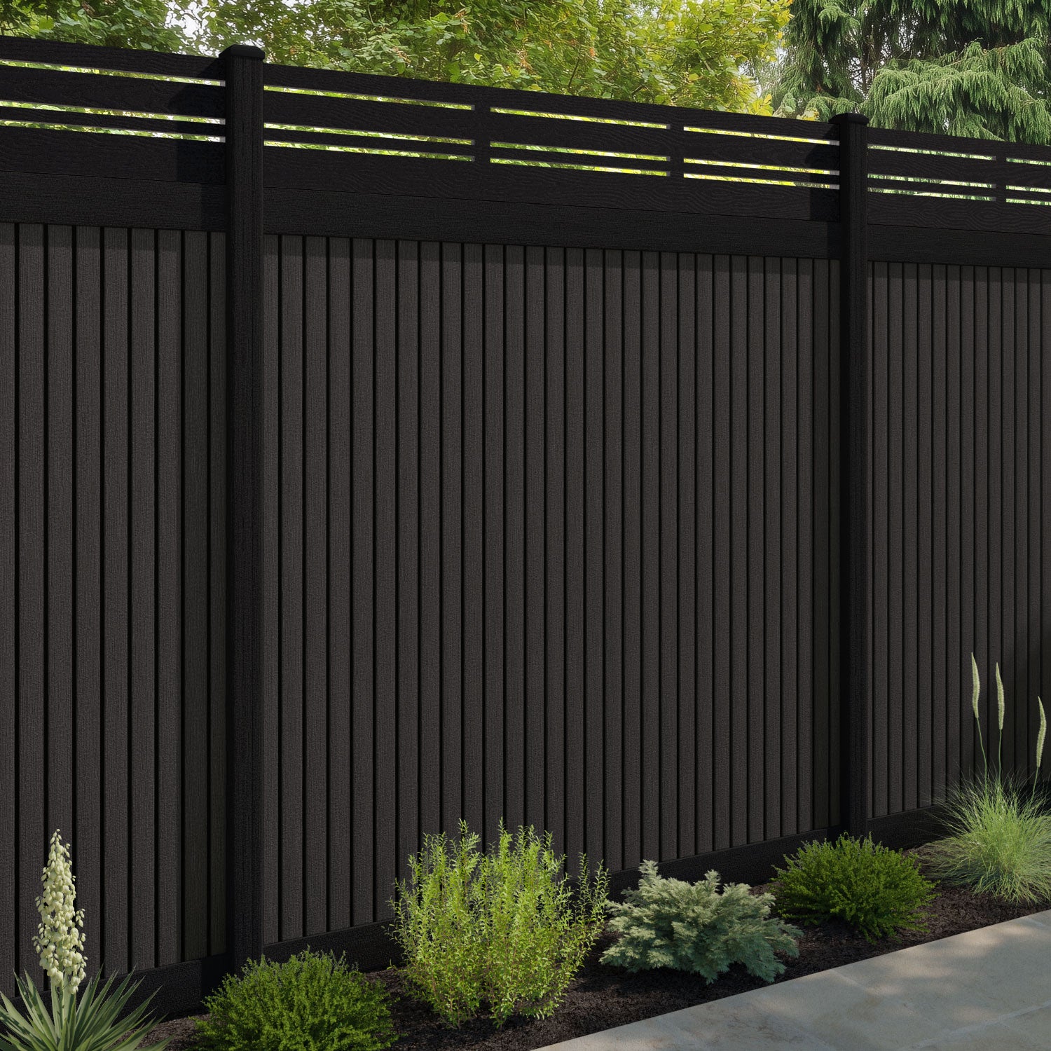 Virtis Linea Fence Panel - Dark Oak - with our aluminium posts
