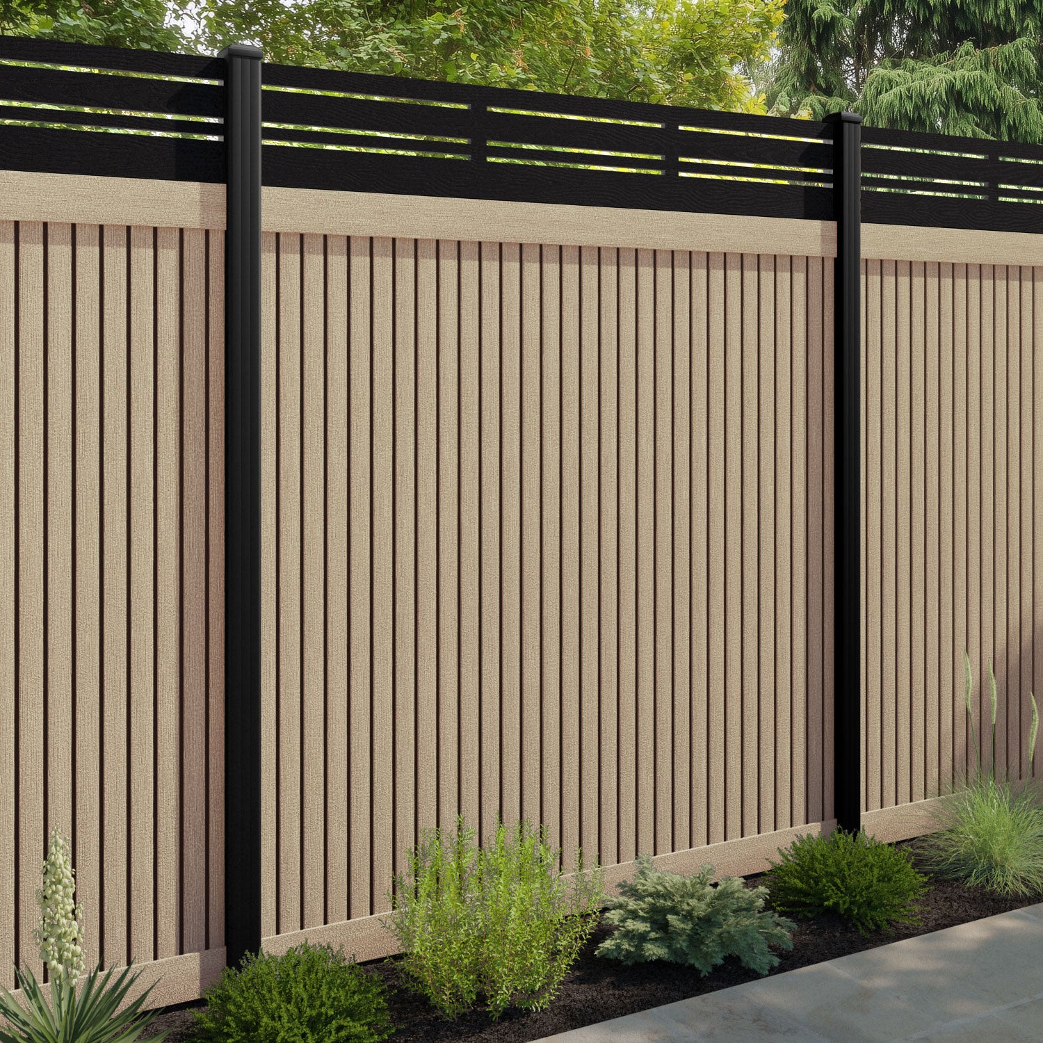 Virtis Linea Fence Panel - Light Oak - with our aluminium posts