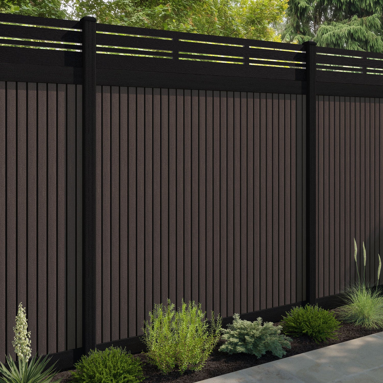 Virtis Linea Fence Panel - Mid Brown - with our aluminium posts