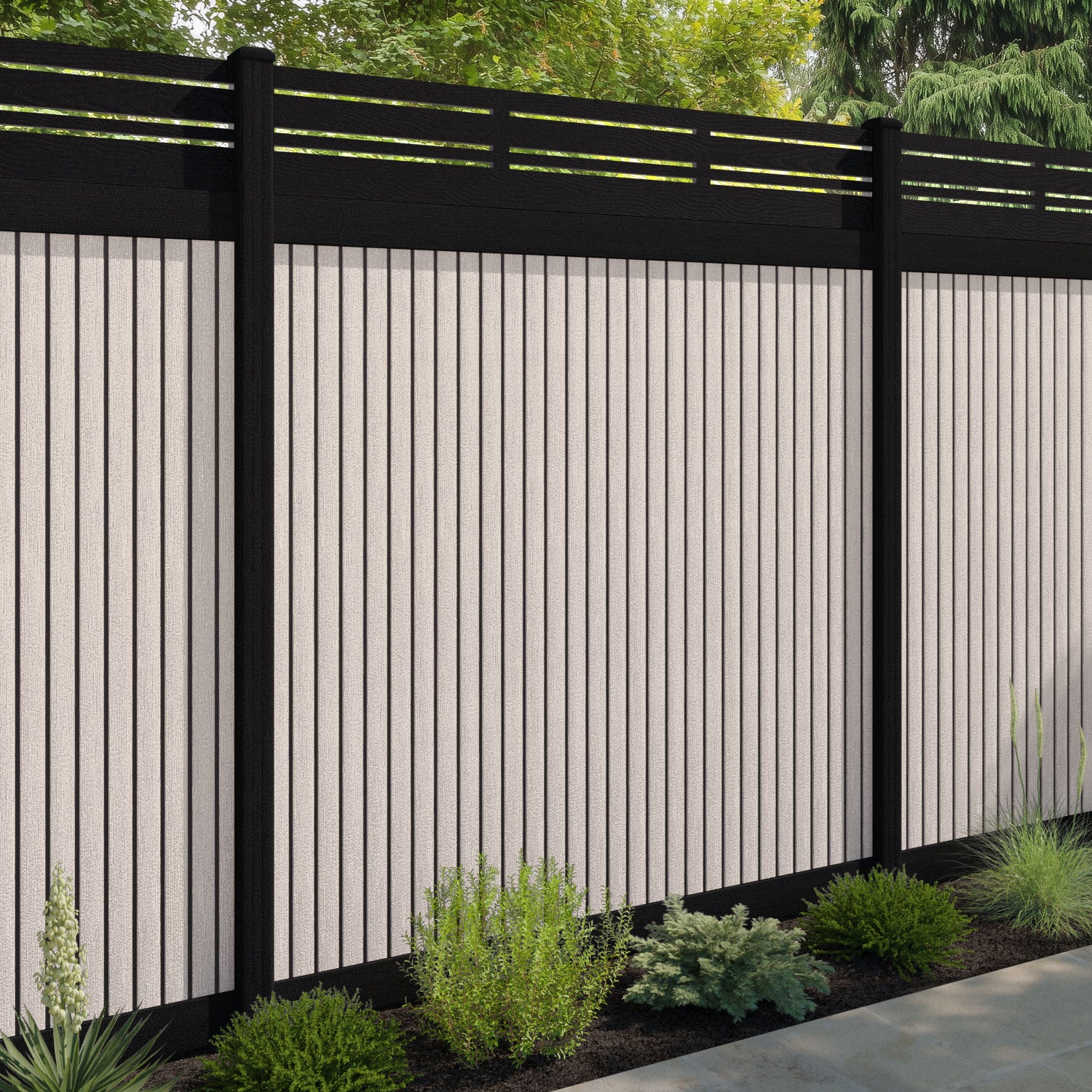 Virtis Linea Fence Panel - Mid Stone - with our aluminium posts