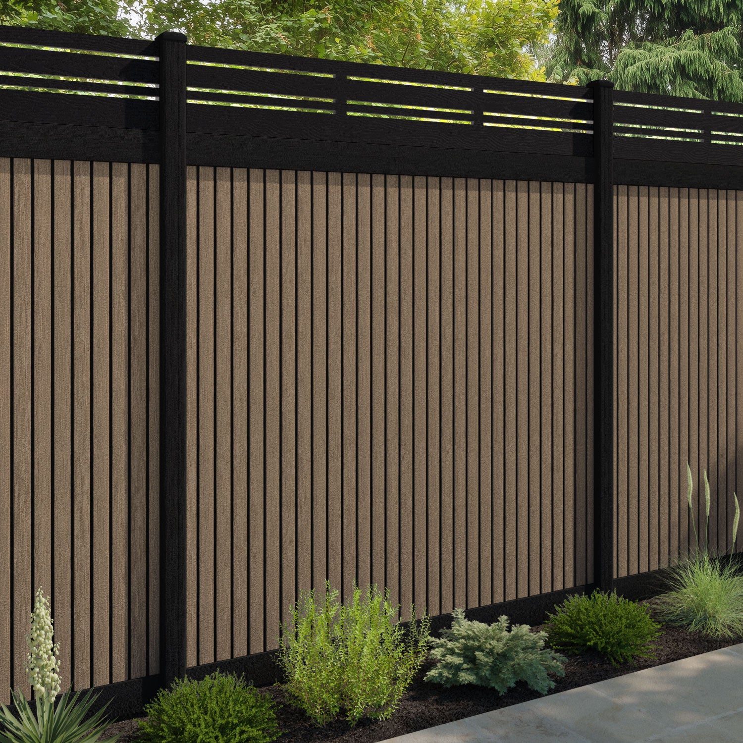 Virtis Linea Fence Panel - Teak - with our aluminium posts
