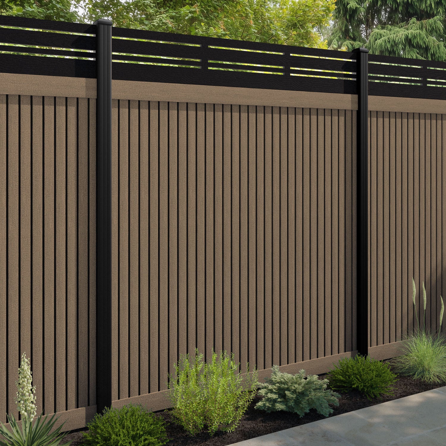 Virtis Linea Fence Panel - Teak - with our aluminium posts