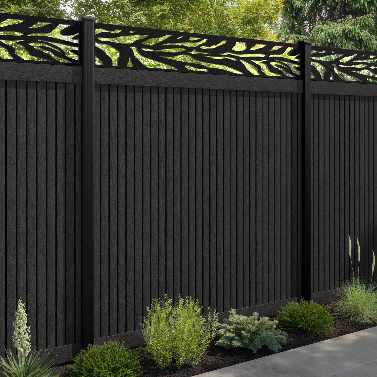 Virtis Malawi Fence Panel - Dark Oak - with our aluminium posts