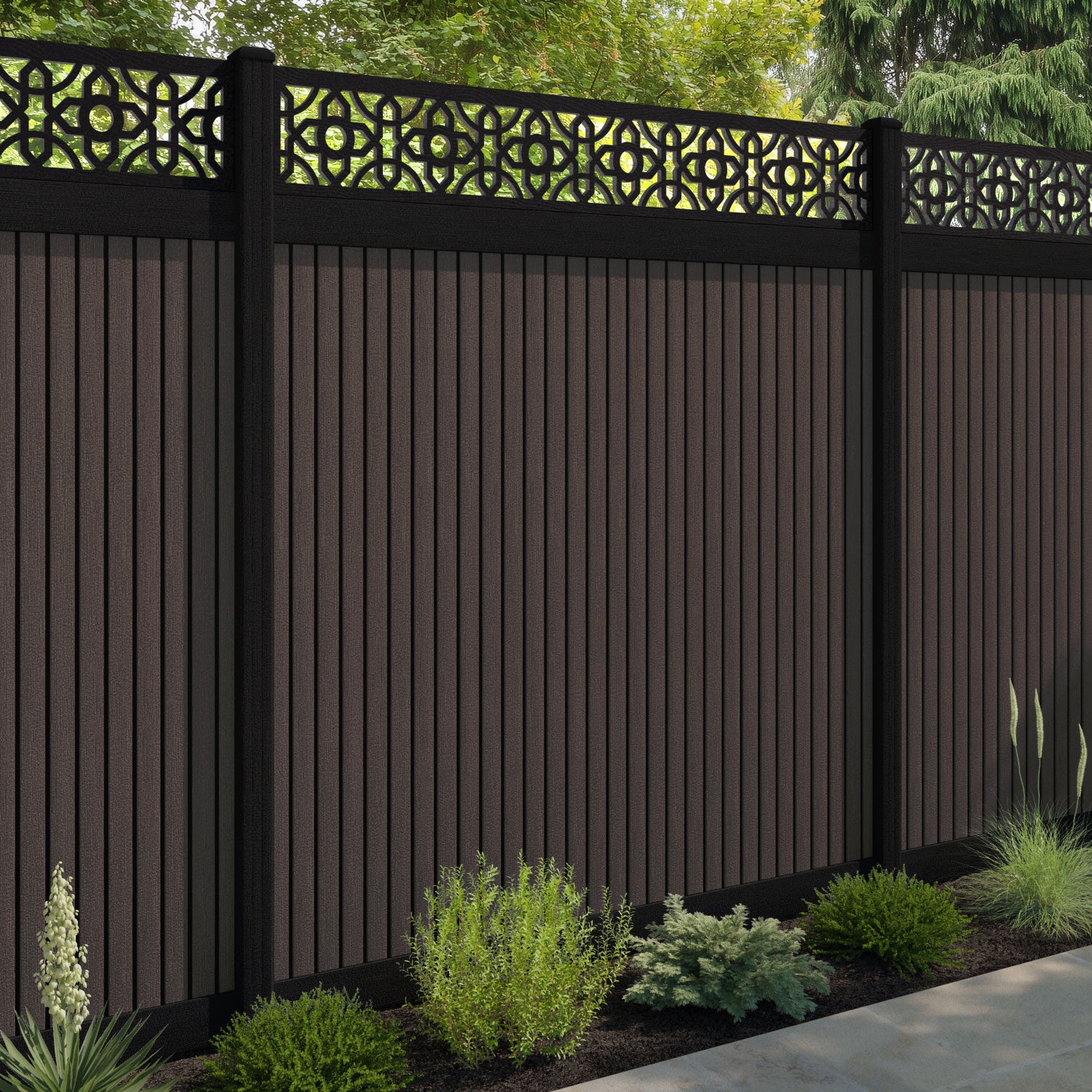 Virtis Nabila Fence Panel - Mid Brown - with our aluminium posts