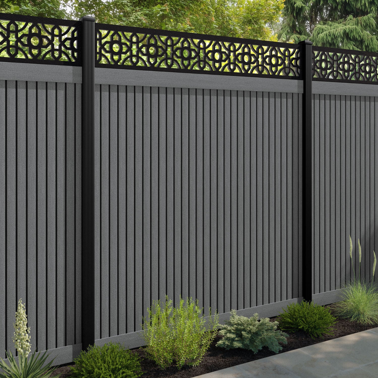 Virtis Nabila Fence Panel - Mid Grey - with our aluminium posts