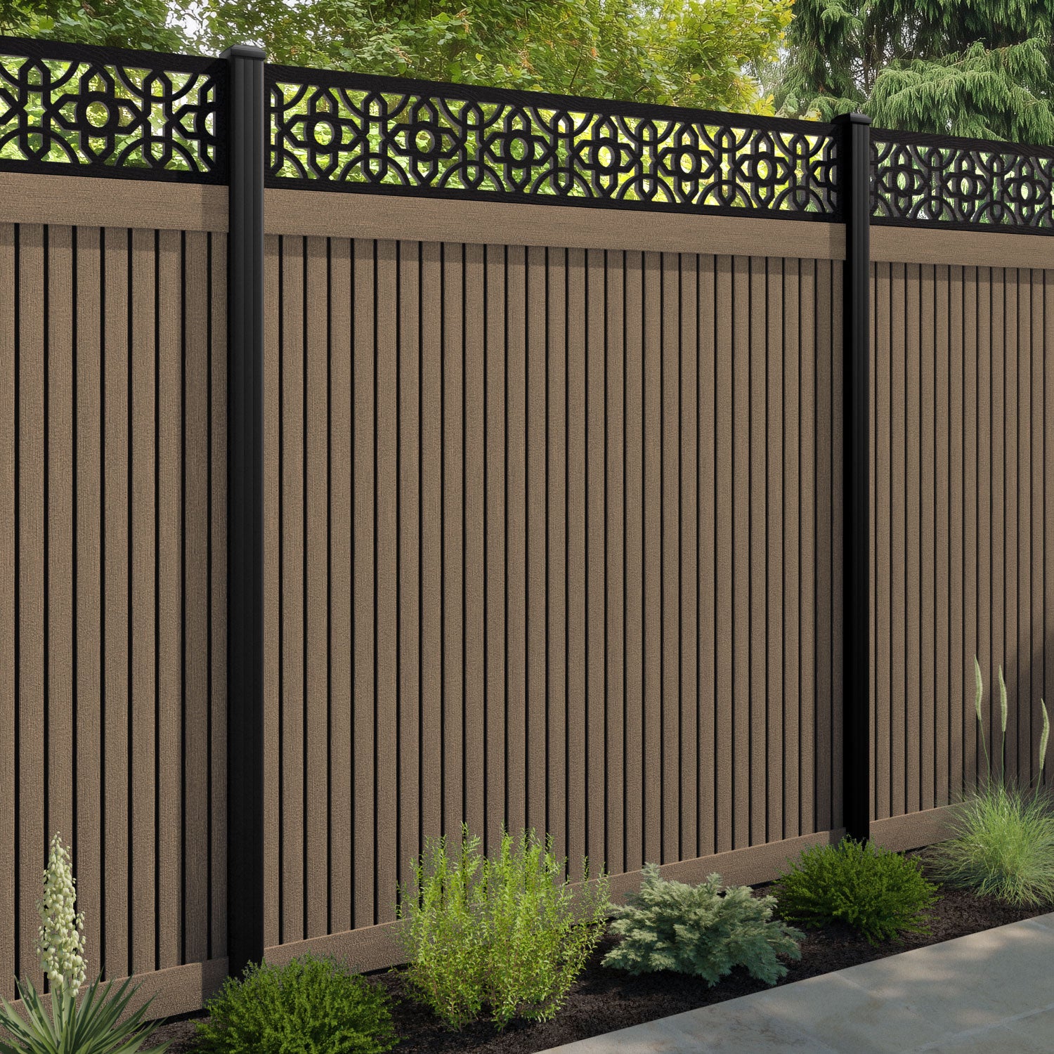 Virtis Nabila Fence Panel - Teak - with our aluminium posts