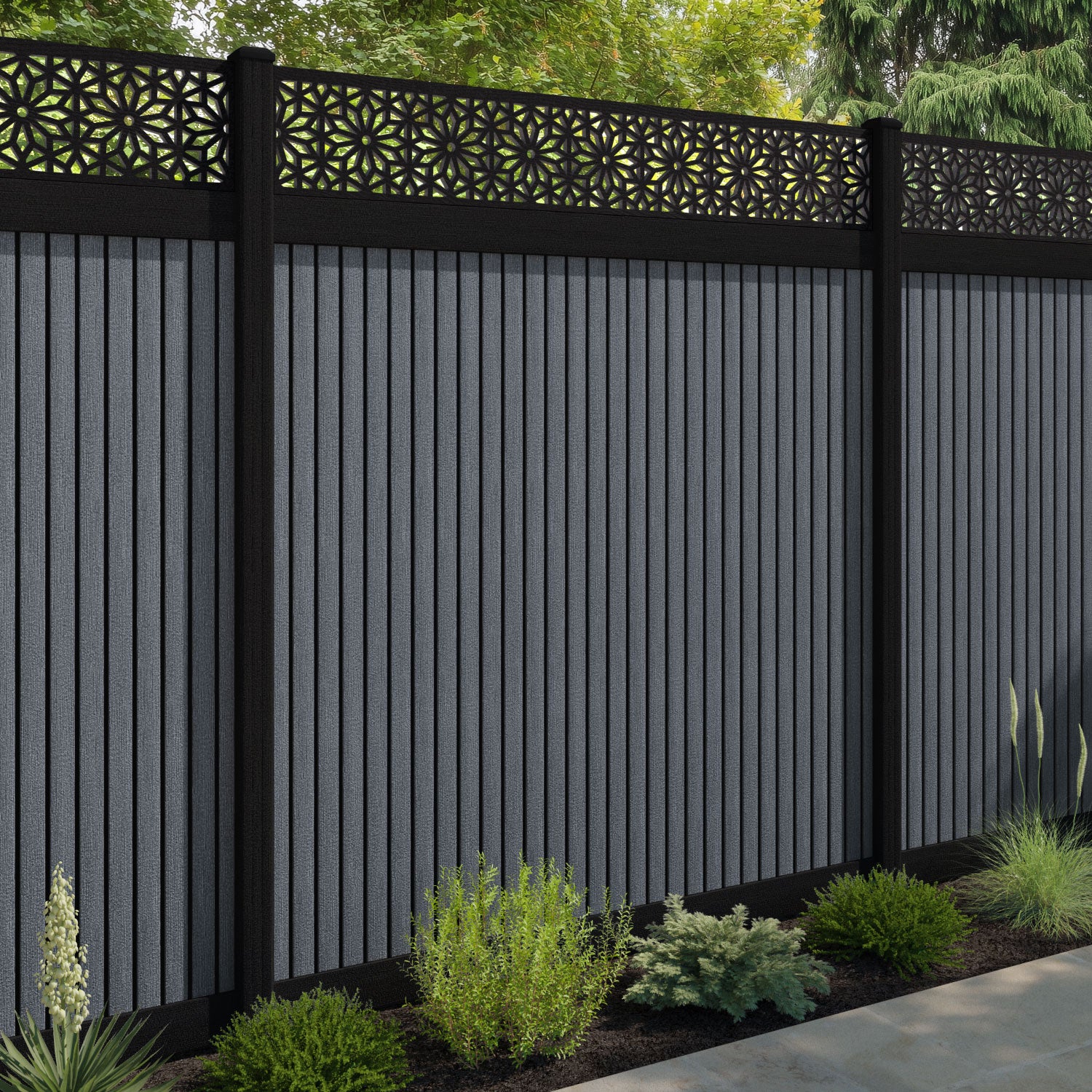Virtis Narwa Fence Panel - Anthracite - with our aluminium posts