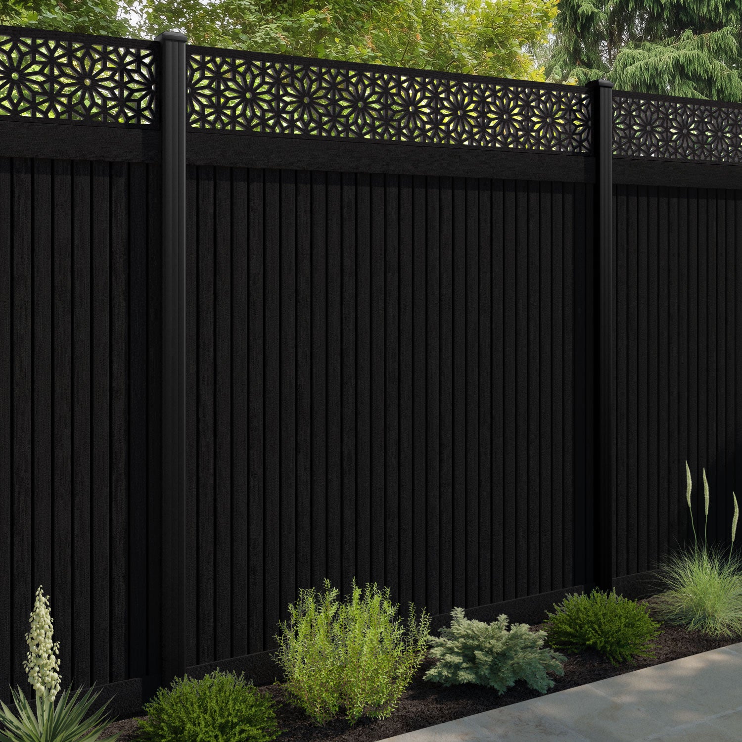 Virtis Narwa Fence Panel - Black - with our aluminium posts