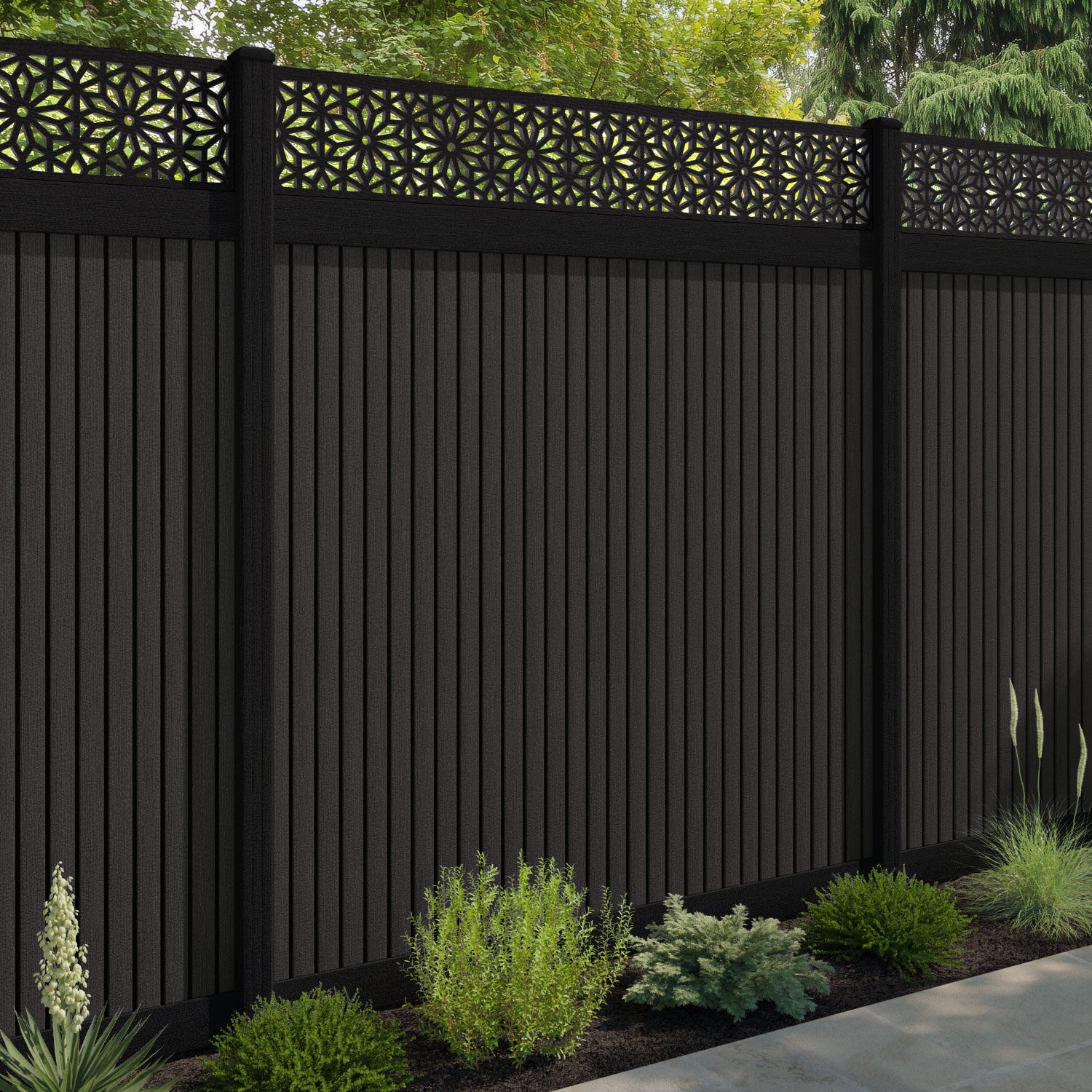 Virtis Narwa Fence Panel - Dark Oak - with our composite posts