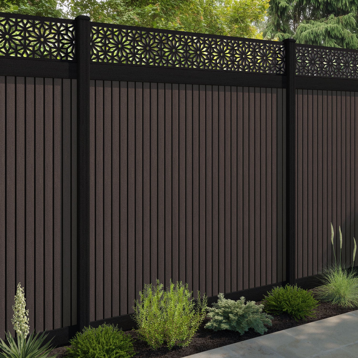 Virtis Narwa Fence Panel - Mid Brown - with our aluminium posts