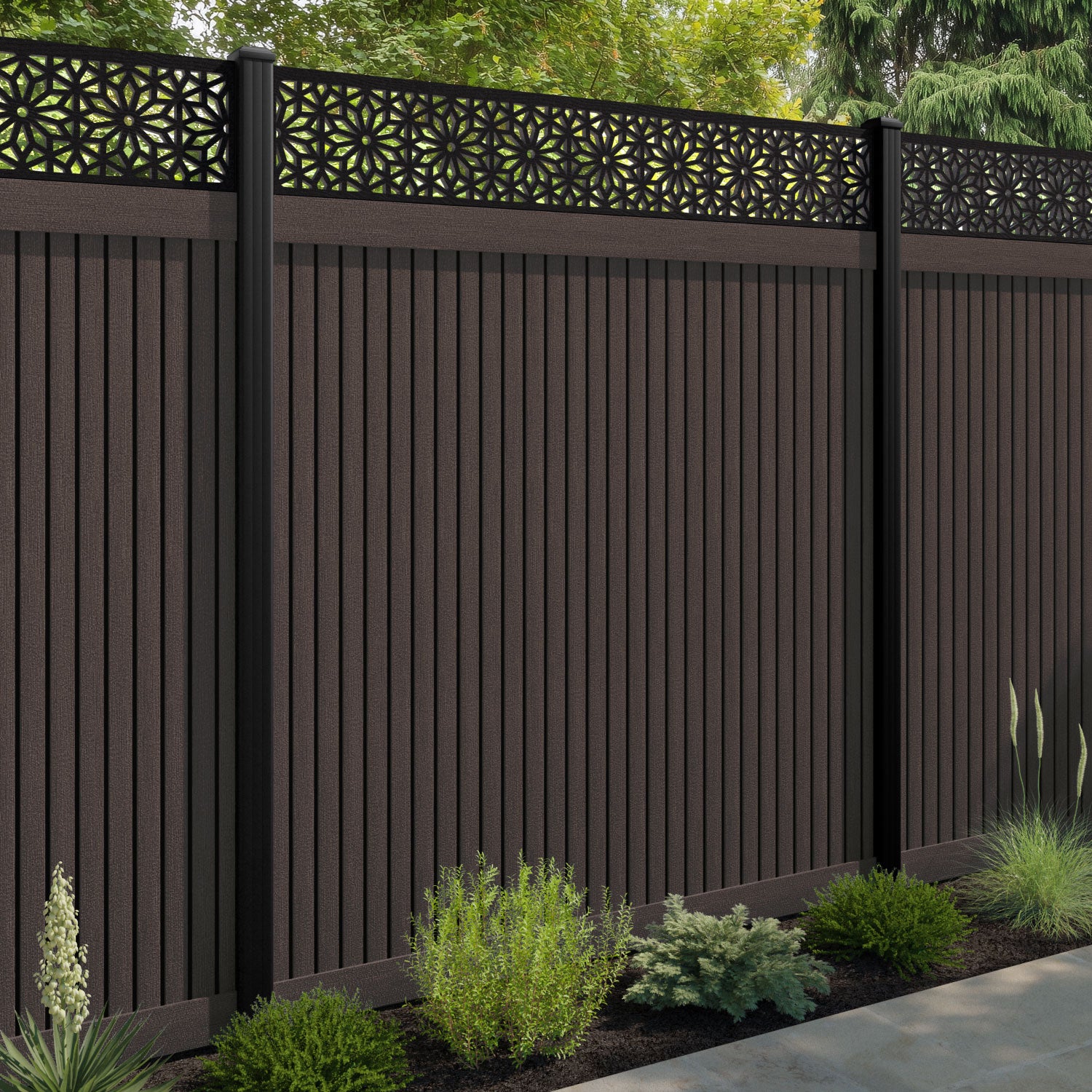 Virtis Narwa Fence Panel - Mid Brown - with our composite posts