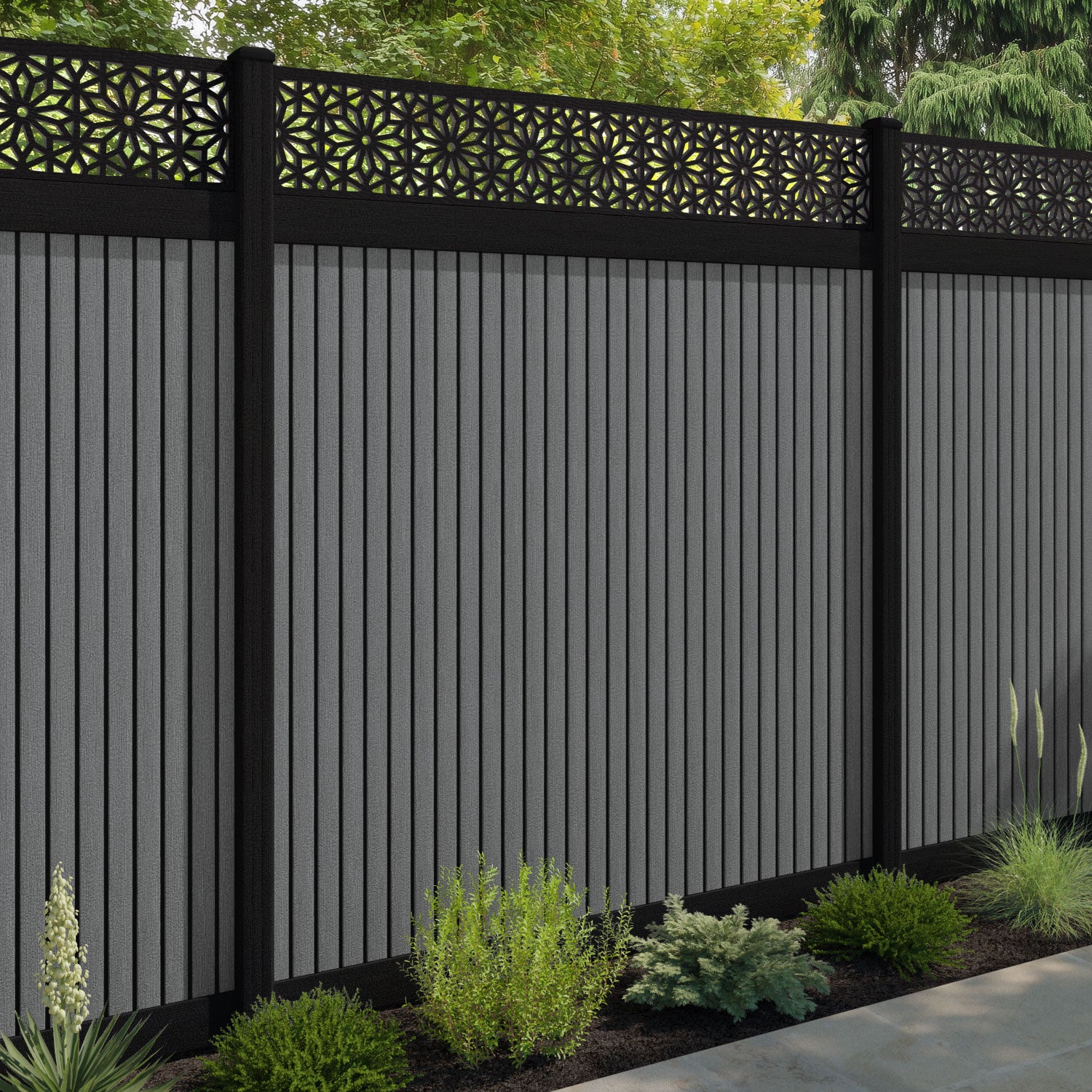 Virtis Narwa Fence Panel - Mid Grey - with our composite posts