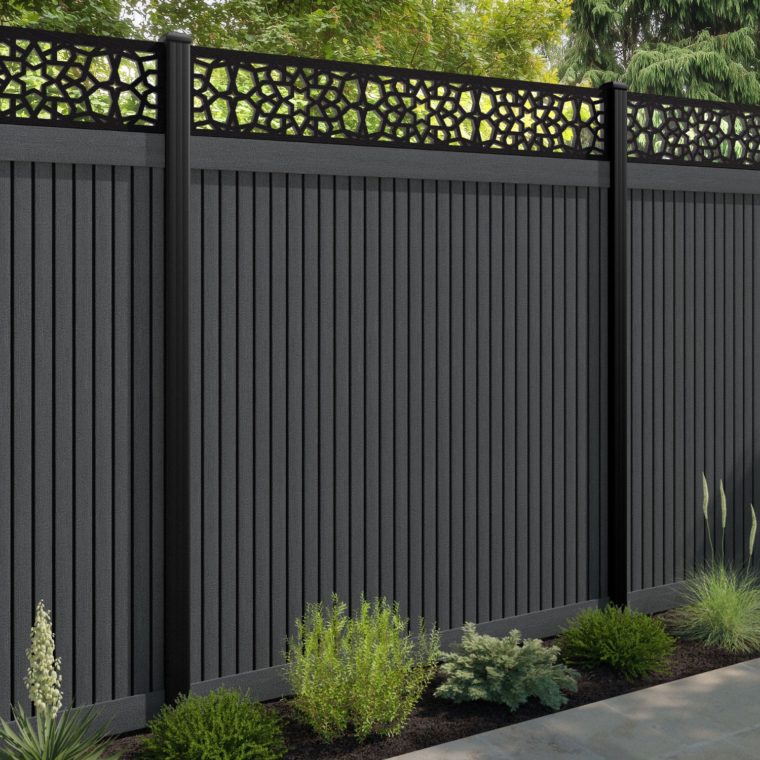 Virtis Nazira Fence Panel - Dark Grey - with our aluminium posts