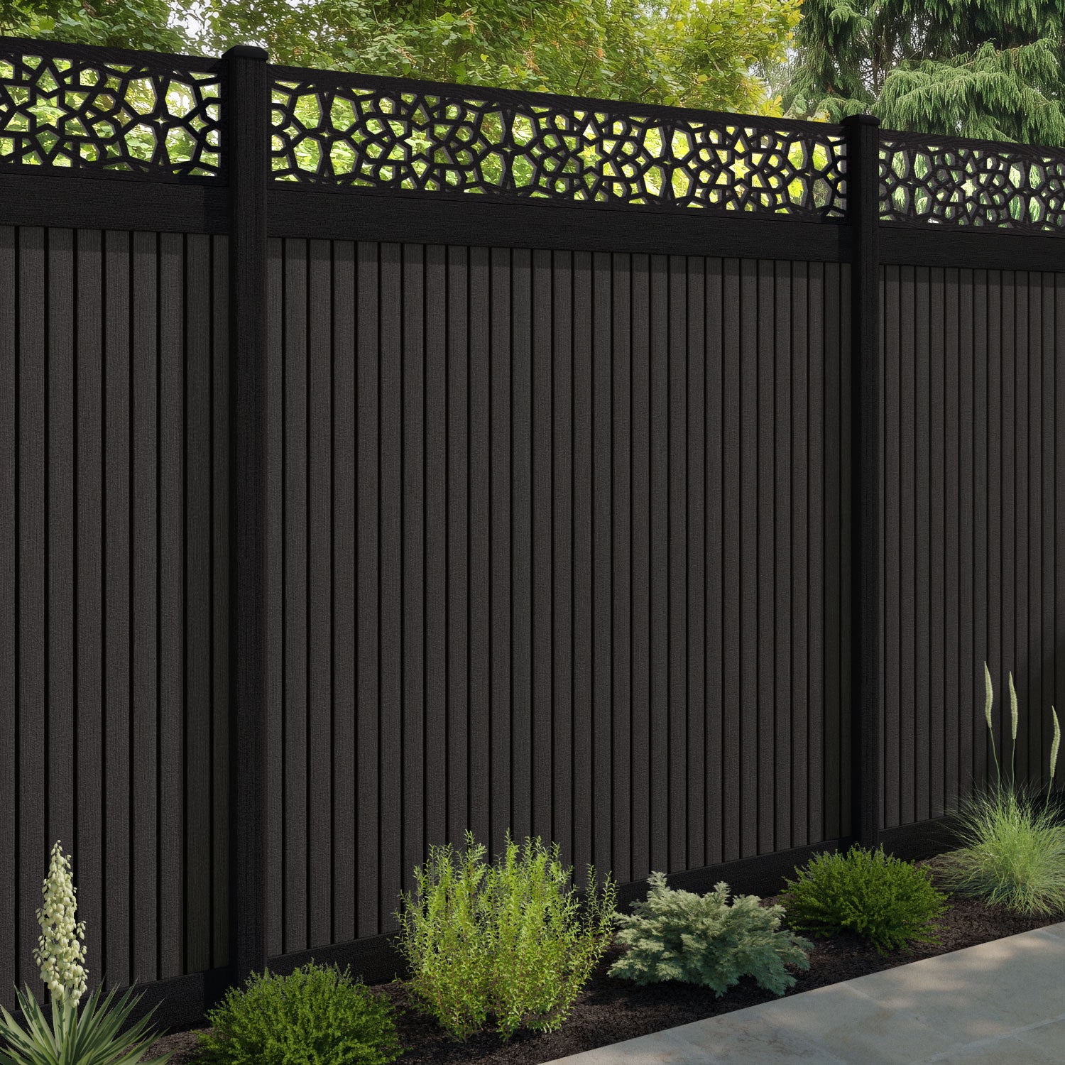 Virtis Nazira Fence Panel - Dark Oak - with our aluminium posts